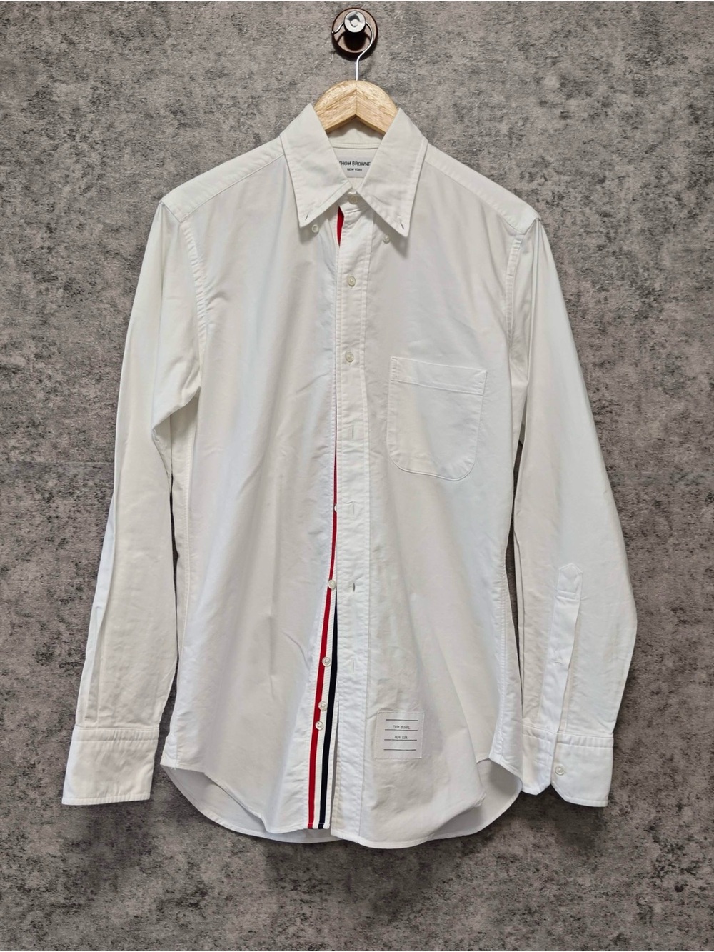 Thom Browne White Button-Down Shirt with Red and Navy Stripe Placket